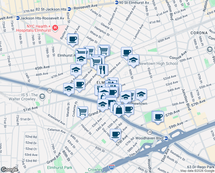 map of restaurants, bars, coffee shops, grocery stores, and more near 85-14 Broadway in Queens