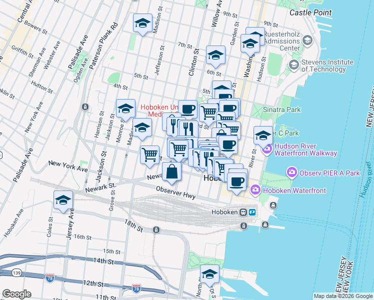 map of restaurants, bars, coffee shops, grocery stores, and more near 109 Willow Avenue in Hoboken