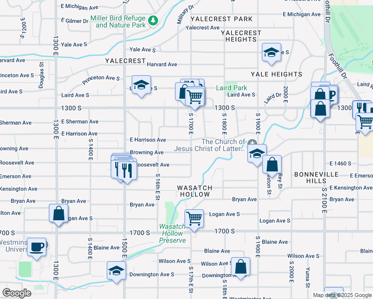 map of restaurants, bars, coffee shops, grocery stores, and more near 1675 Browning Avenue in Salt Lake City