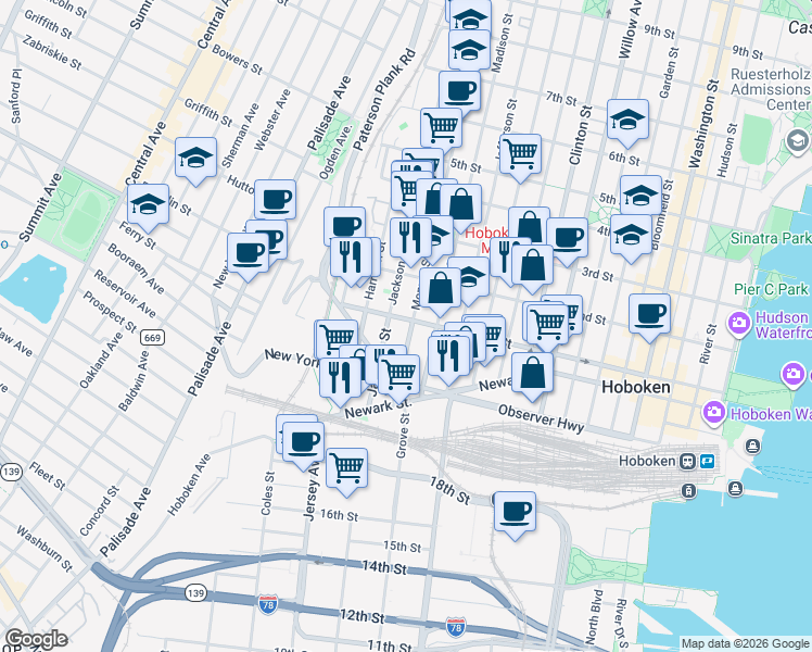 map of restaurants, bars, coffee shops, grocery stores, and more near 83 Monroe Street in Hoboken