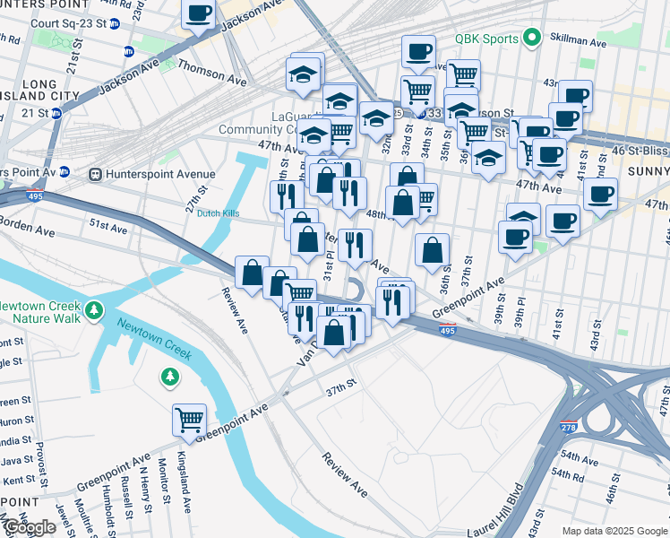 map of restaurants, bars, coffee shops, grocery stores, and more near 49-20 Van Dam Street in Queens