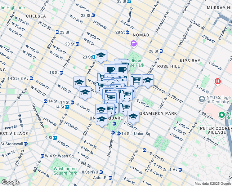 map of restaurants, bars, coffee shops, grocery stores, and more near 901 Broadway in New York