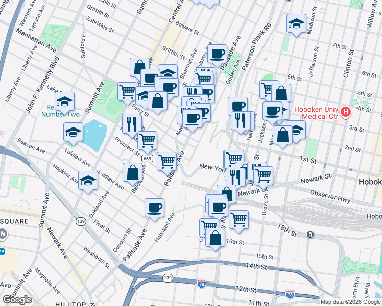 map of restaurants, bars, coffee shops, grocery stores, and more near 120 Ogden Avenue in Jersey City