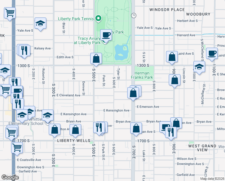 map of restaurants, bars, coffee shops, grocery stores, and more near 586 Browning Avenue South in Salt Lake City
