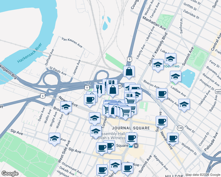 map of restaurants, bars, coffee shops, grocery stores, and more near 225 Tonnelle Avenue in Jersey City