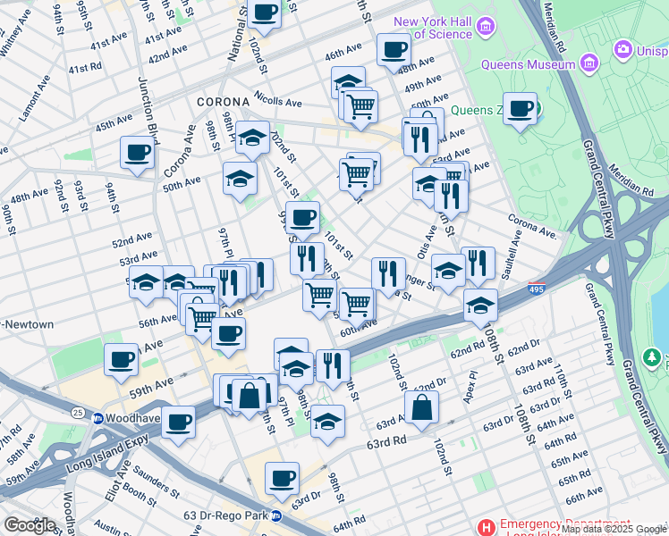 map of restaurants, bars, coffee shops, grocery stores, and more near 54-39 100th Street in Queens