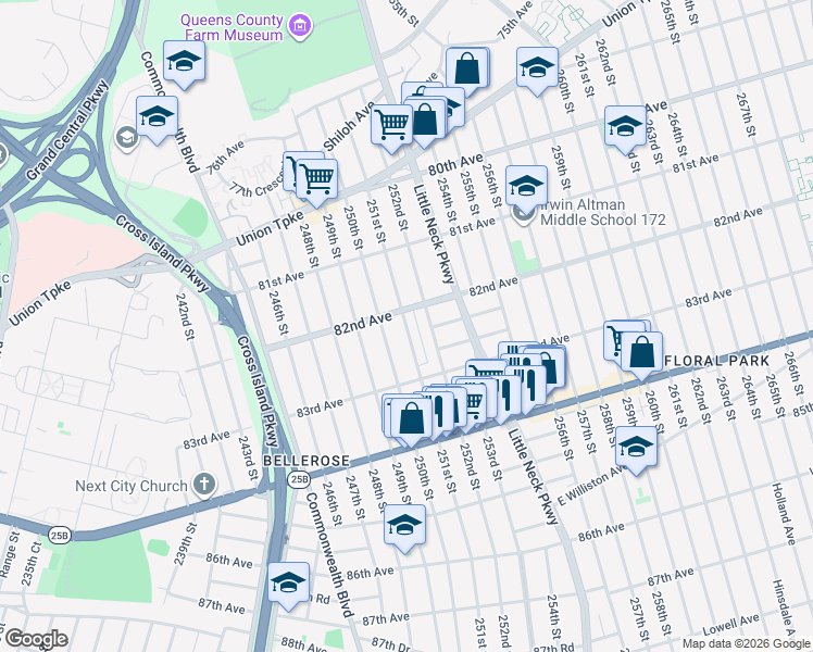 map of restaurants, bars, coffee shops, grocery stores, and more near 82-37 251st Street in Queens