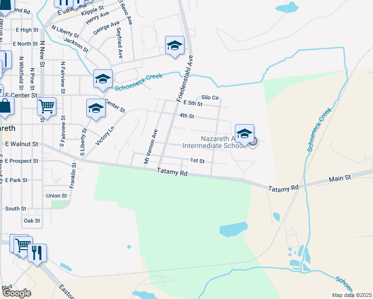 map of restaurants, bars, coffee shops, grocery stores, and more near 28 2nd Street in Nazareth