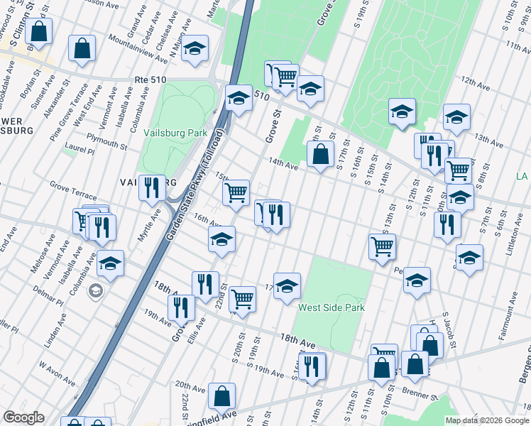 map of restaurants, bars, coffee shops, grocery stores, and more near 538 South 20th Street in Newark