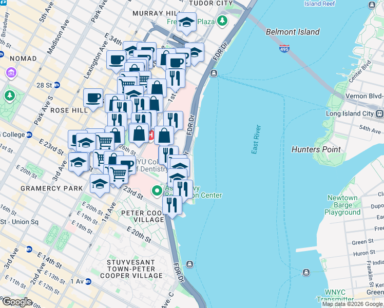 map of restaurants, bars, coffee shops, grocery stores, and more near 40 Waterside Plaza in New York