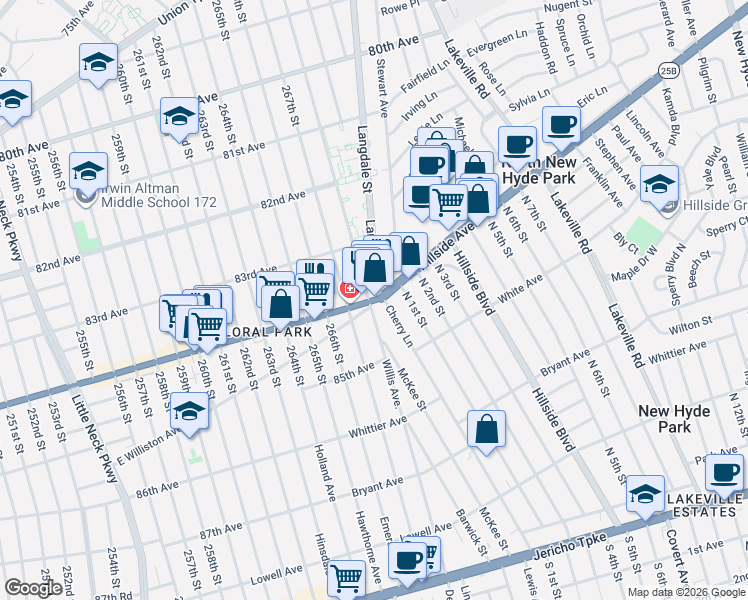 map of restaurants, bars, coffee shops, grocery stores, and more near 15333 Hillside Ave in Queens