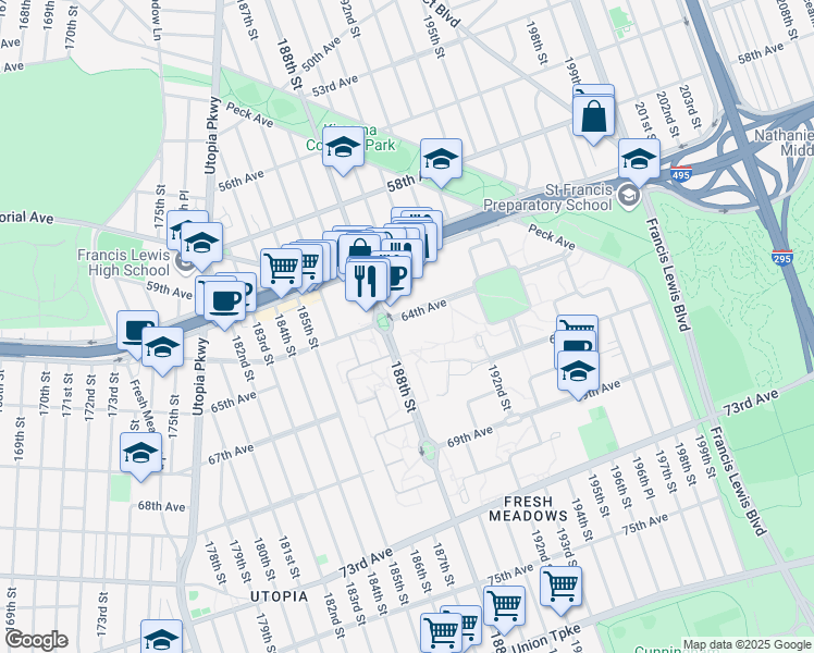 map of restaurants, bars, coffee shops, grocery stores, and more near 188-02 64th Avenue in Queens