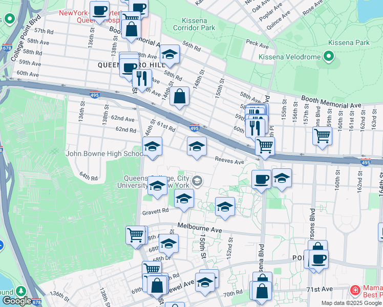 map of restaurants, bars, coffee shops, grocery stores, and more near 148-31 Reeves Avenue in Queens