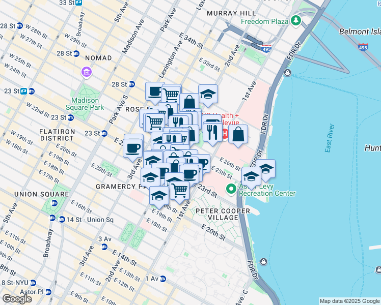 map of restaurants, bars, coffee shops, grocery stores, and more near 330 East 25th Street in New York