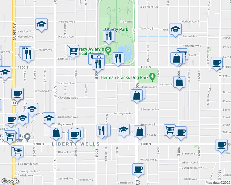 map of restaurants, bars, coffee shops, grocery stores, and more near 586 Browning Avenue South in Salt Lake City