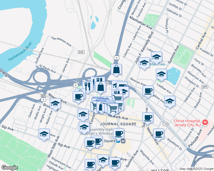 map of restaurants, bars, coffee shops, grocery stores, and more near 225 Tonnelle Avenue in Jersey City
