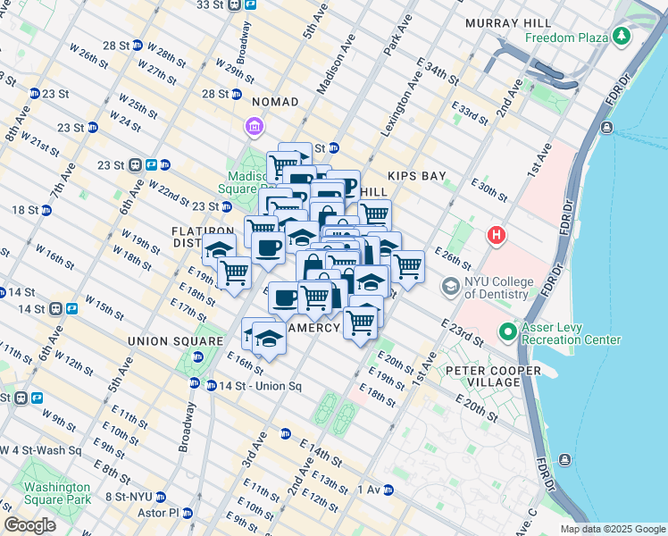 map of restaurants, bars, coffee shops, grocery stores, and more near 17 Lexington Avenue in New York