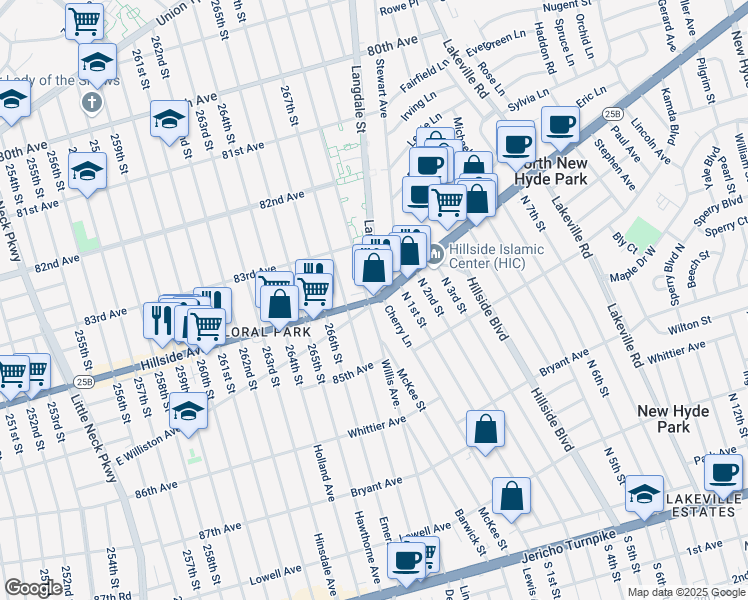 map of restaurants, bars, coffee shops, grocery stores, and more near 25803 Hillside Ave in Queens