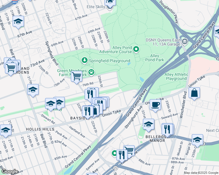 map of restaurants, bars, coffee shops, grocery stores, and more near 226-30 77th Avenue in Queens