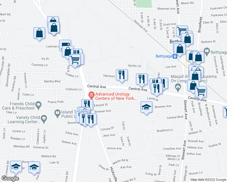 map of restaurants, bars, coffee shops, grocery stores, and more near 6 Perry Avenue in Bethpage