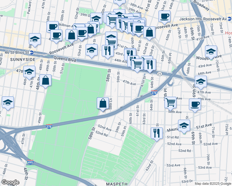 map of restaurants, bars, coffee shops, grocery stores, and more near 47-50 59th Street in Queens