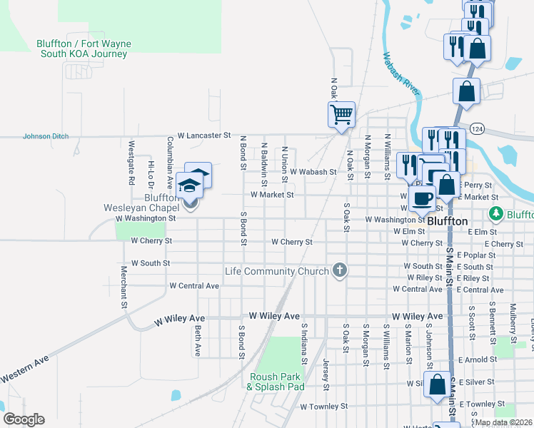map of restaurants, bars, coffee shops, grocery stores, and more near 914 West Washington Street in Bluffton