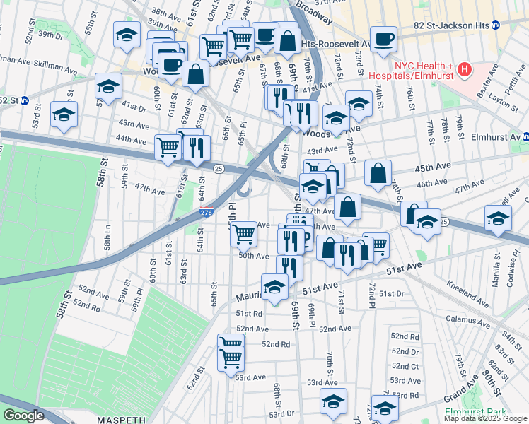 map of restaurants, bars, coffee shops, grocery stores, and more near 47-17 67th Street in Queens