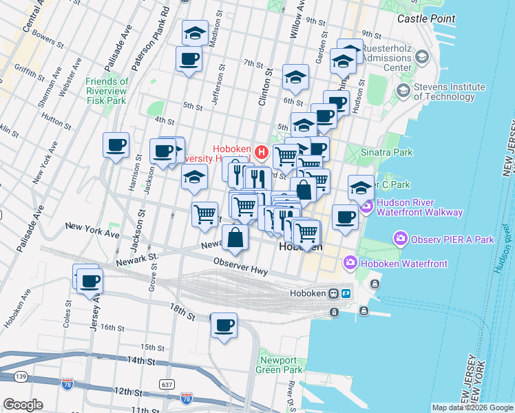 map of restaurants, bars, coffee shops, grocery stores, and more near 109 Willow Avenue in Hoboken