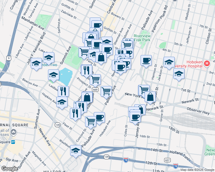 map of restaurants, bars, coffee shops, grocery stores, and more near 21 Reservoir Avenue in Jersey City