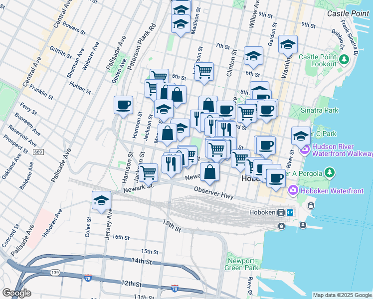 map of restaurants, bars, coffee shops, grocery stores, and more near 413a 1st Street in Hoboken