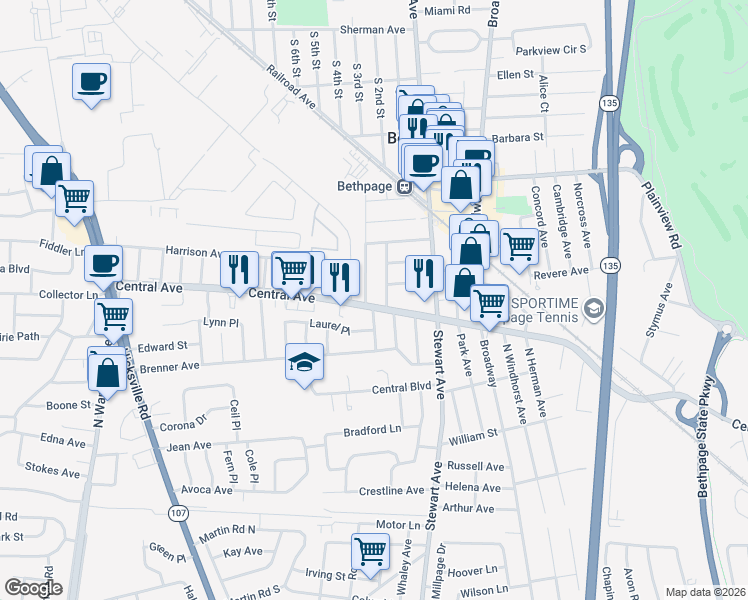 map of restaurants, bars, coffee shops, grocery stores, and more near 360 Central Avenue in Bethpage