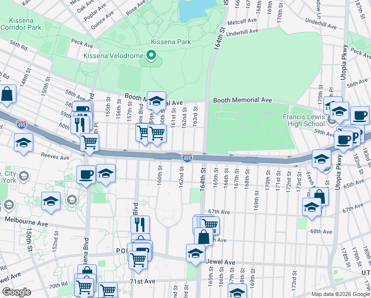 map of restaurants, bars, coffee shops, grocery stores, and more near in Queens