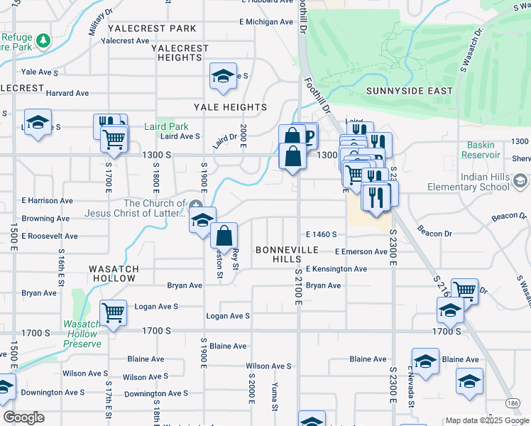 map of restaurants, bars, coffee shops, grocery stores, and more near 1435 El Rey Street in Salt Lake City