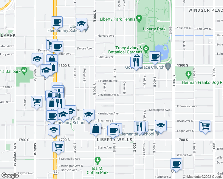 map of restaurants, bars, coffee shops, grocery stores, and more near 375 Cleveland Avenue South in Salt Lake City