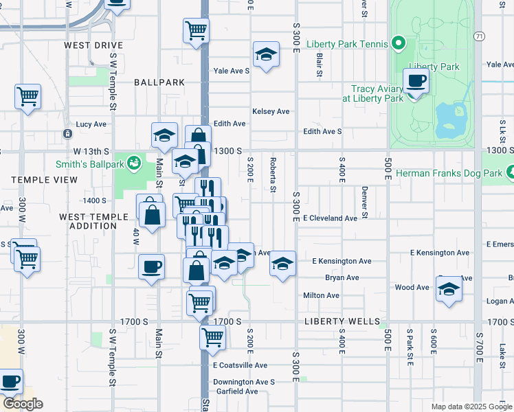 map of restaurants, bars, coffee shops, grocery stores, and more near 1431 South 200 East in South Salt Lake