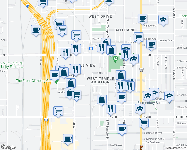 map of restaurants, bars, coffee shops, grocery stores, and more near 1450 South West Temple in Salt Lake City