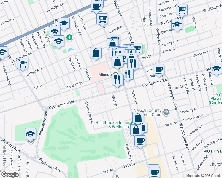 map of restaurants, bars, coffee shops, grocery stores, and more near 242 Old Country Road in Mineola