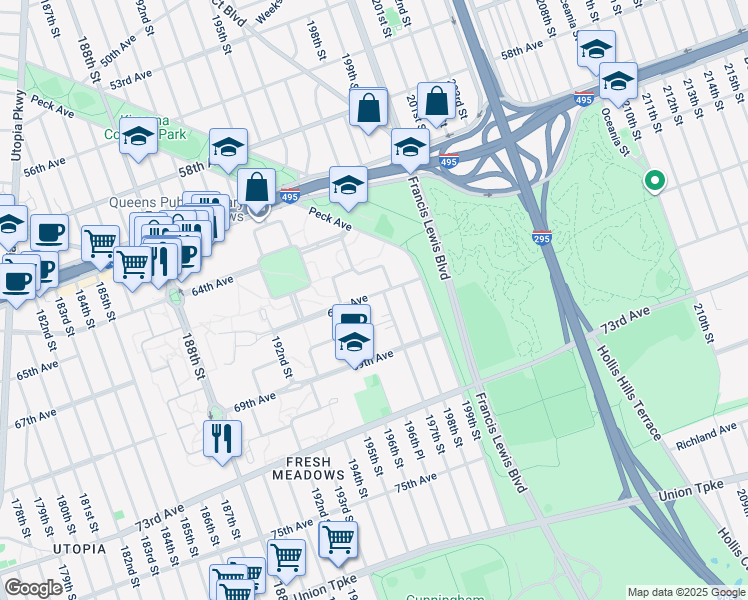map of restaurants, bars, coffee shops, grocery stores, and more near 36 67th Avenue in Queens