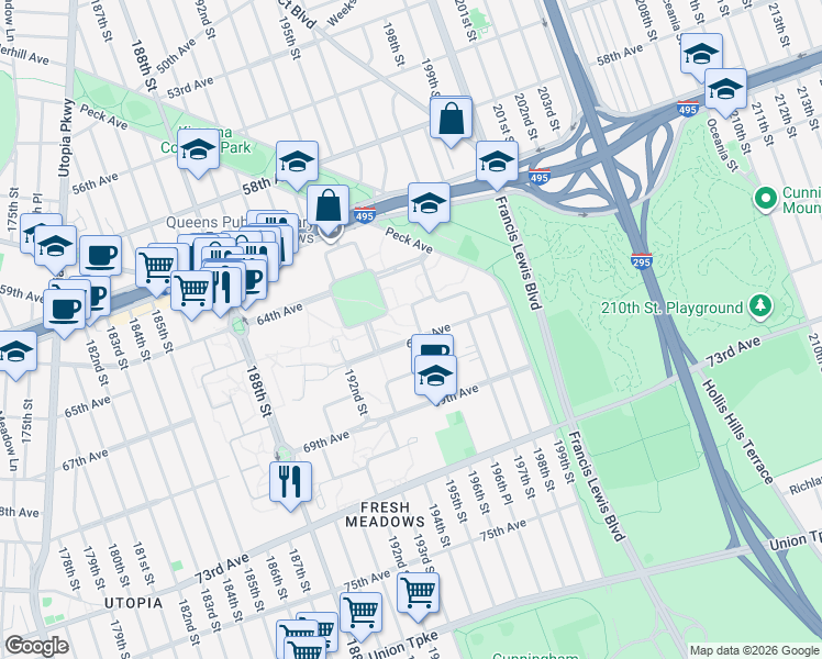 map of restaurants, bars, coffee shops, grocery stores, and more near 195-10 67th Avenue in Queens