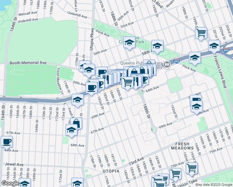 map of restaurants, bars, coffee shops, grocery stores, and more near 61-39 184th Street in Queens