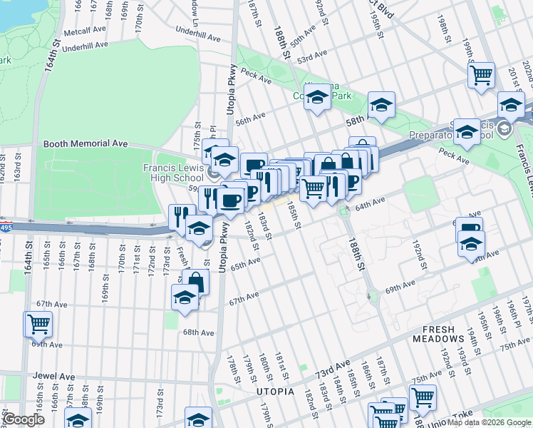 map of restaurants, bars, coffee shops, grocery stores, and more near 61-28 183rd Street in Queens