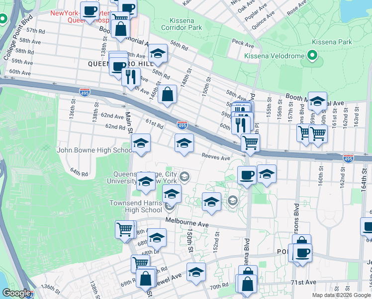 map of restaurants, bars, coffee shops, grocery stores, and more near 65-30 Kissena Boulevard in Queens