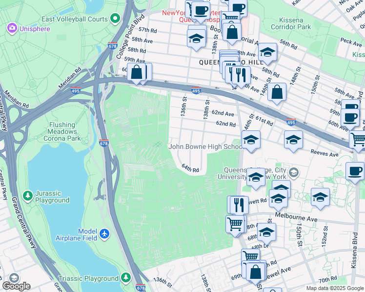map of restaurants, bars, coffee shops, grocery stores, and more near 64-07 136th Street in Queens
