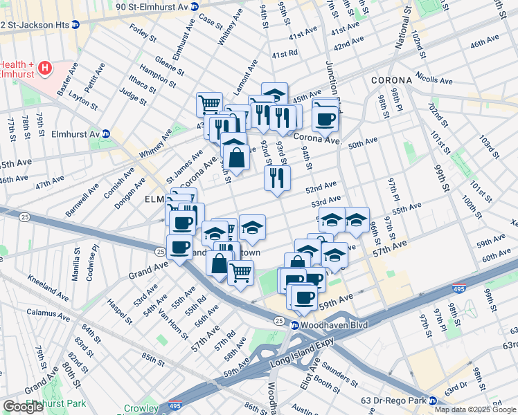 map of restaurants, bars, coffee shops, grocery stores, and more near 90-47 53rd Avenue in Queens