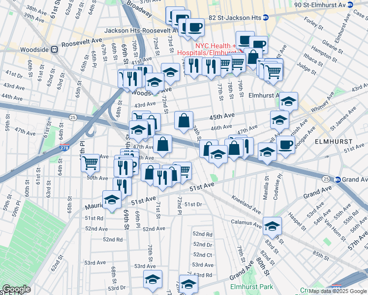 map of restaurants, bars, coffee shops, grocery stores, and more near 72-17 48th Avenue in Queens