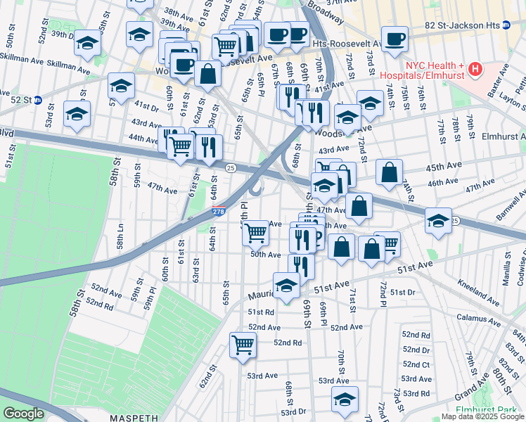 map of restaurants, bars, coffee shops, grocery stores, and more near 46-38 66th Street in Queens