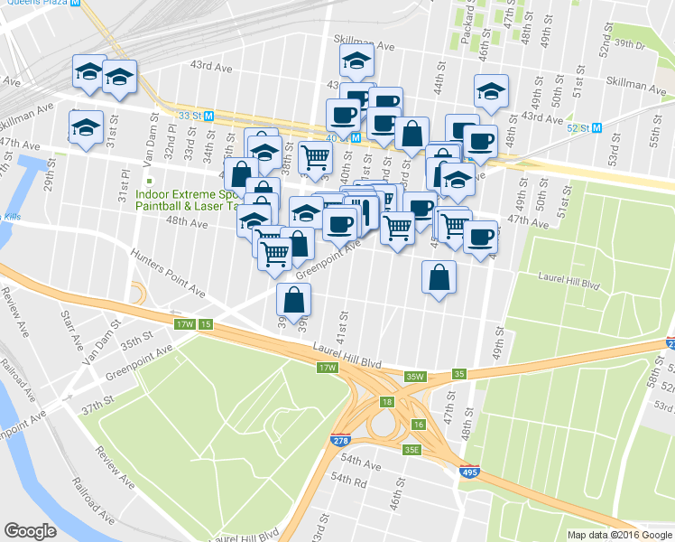 map of restaurants, bars, coffee shops, grocery stores, and more near 48-50 41st Street in Queens
