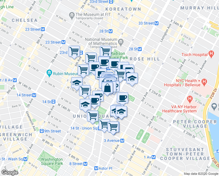 map of restaurants, bars, coffee shops, grocery stores, and more near 30 East 20th Street in New York