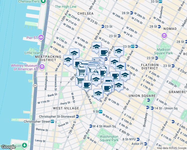 map of restaurants, bars, coffee shops, grocery stores, and more near 72-76 7th Avenue in New York