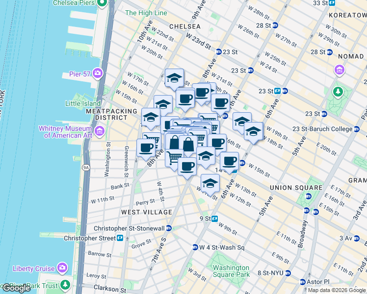 map of restaurants, bars, coffee shops, grocery stores, and more near 219 West 13th Street in New York